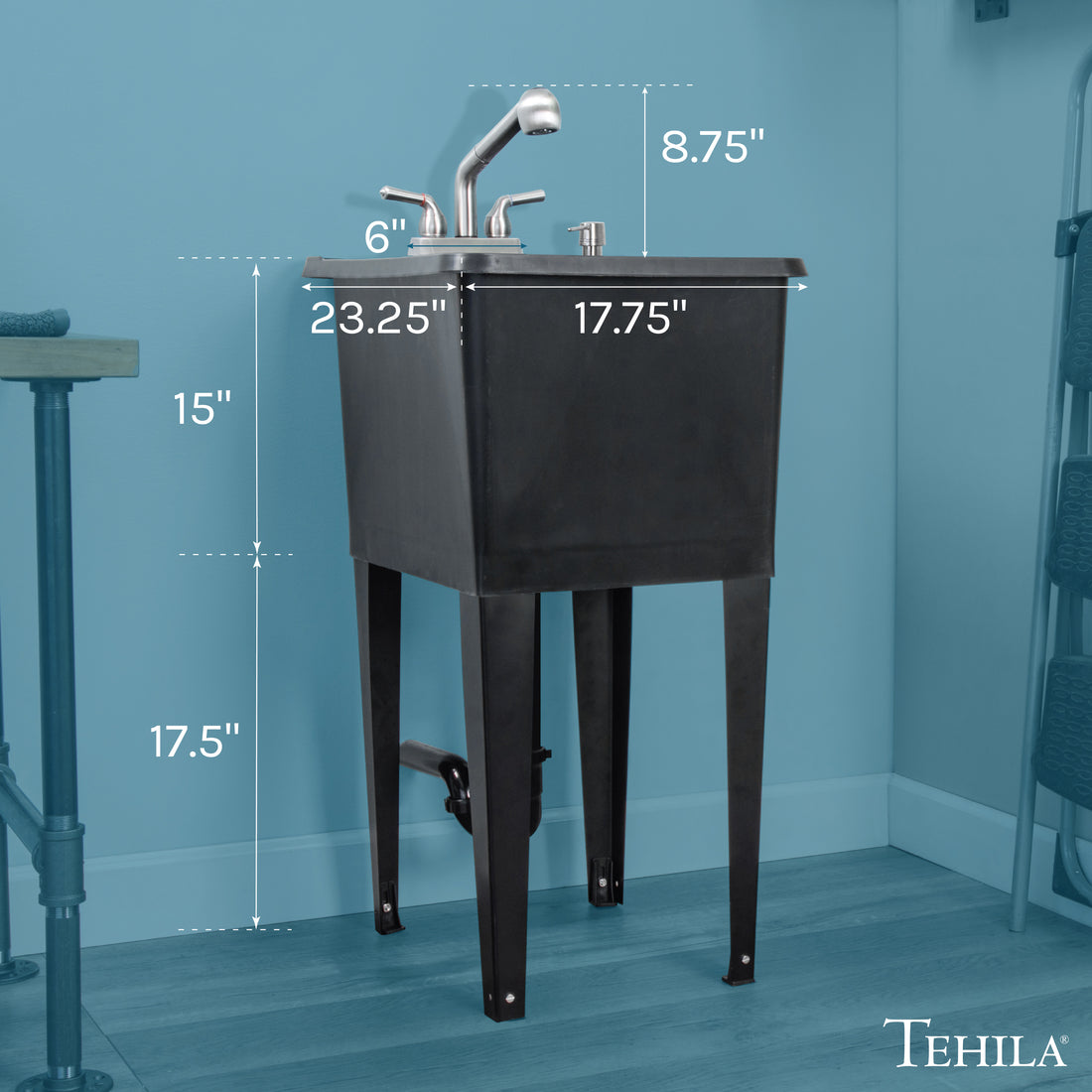 Tehila Space Saver Freestanding Black Utility Sink with Stainless Steel Finish Pull-Out Faucet