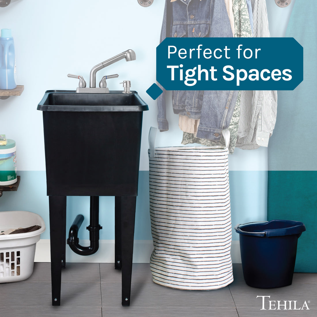 Tehila Space Saver Freestanding Black Utility Sink with Stainless Steel Finish Pull-Out Faucet