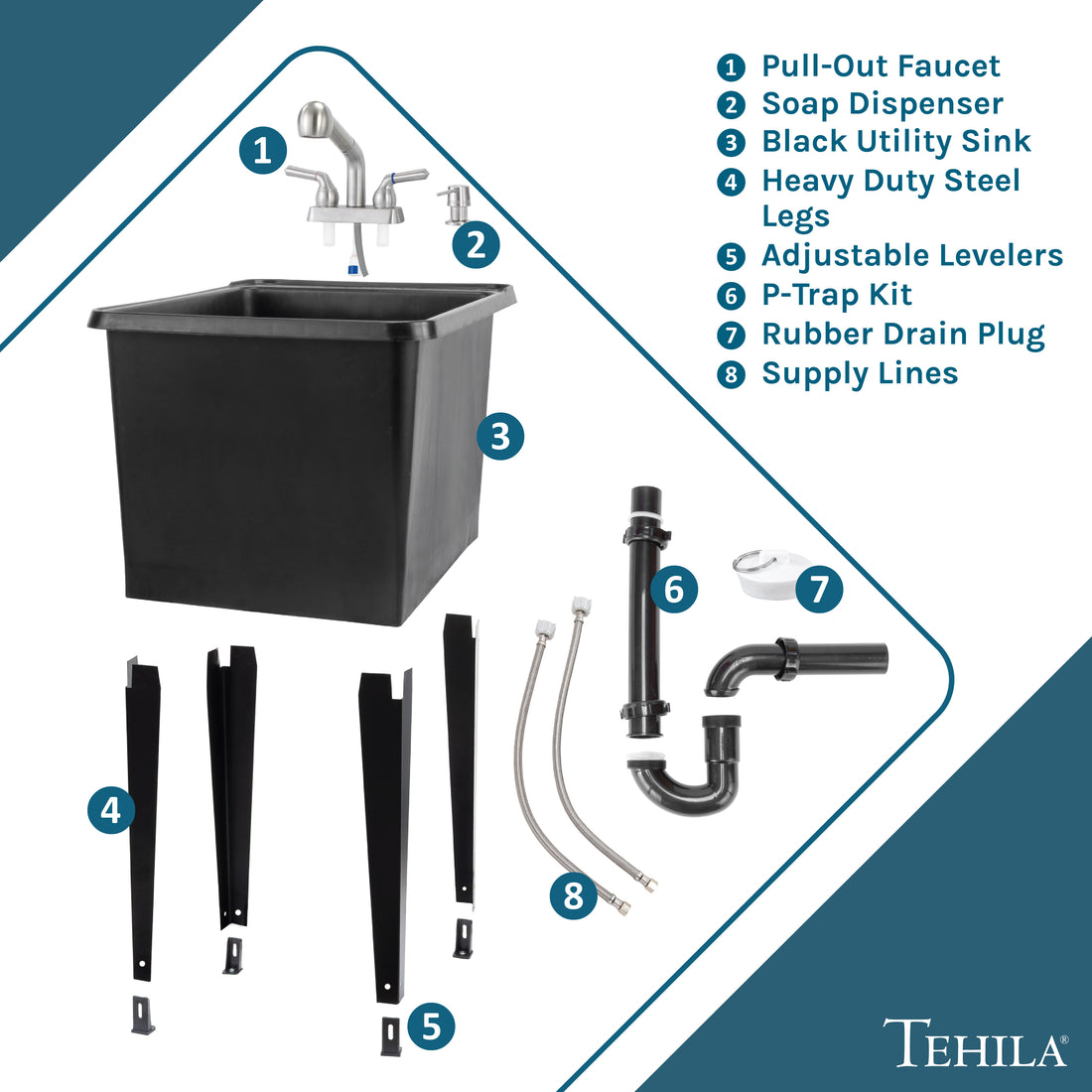 Tehila Space Saver Freestanding Black Utility Sink with Stainless Steel Finish Pull-Out Faucet