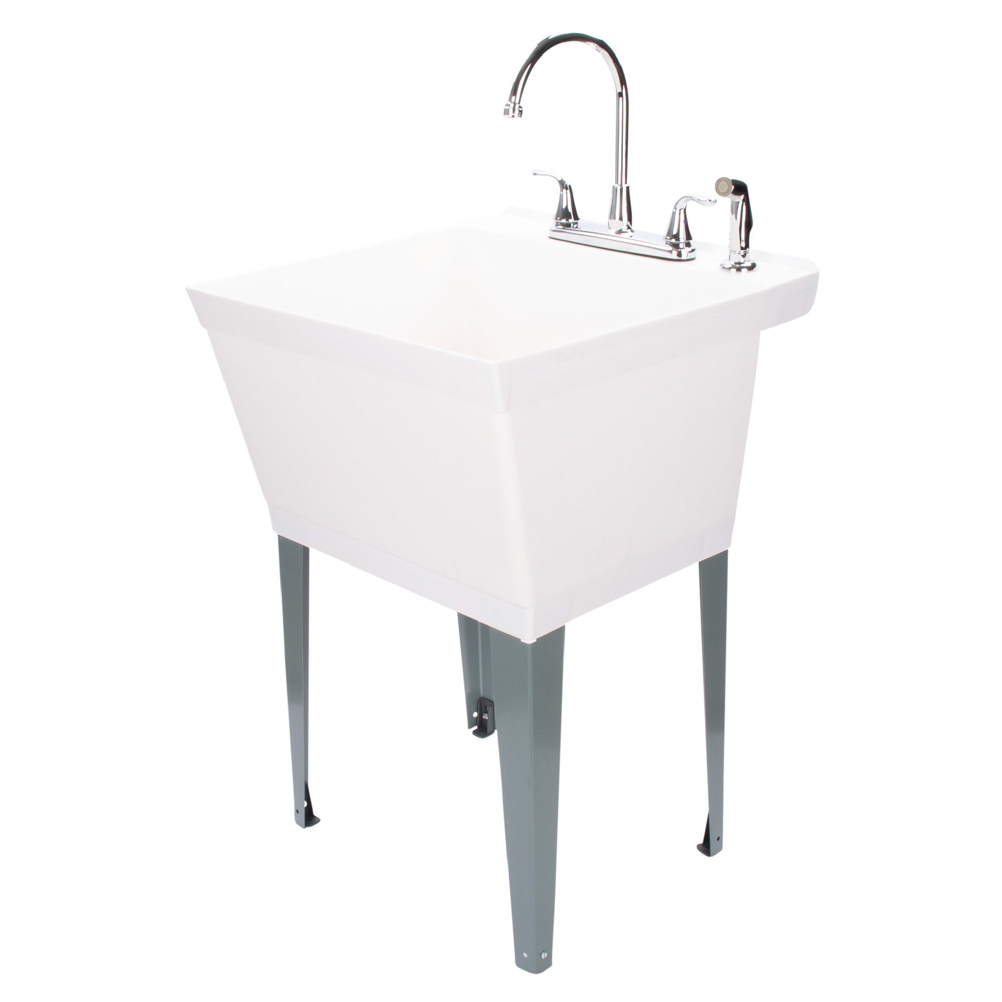 Tehila Standard Freestanding White Utility Sink with Grey Legs and Chrome  Finish Wide-set Gooseneck Faucet with Side Sprayer