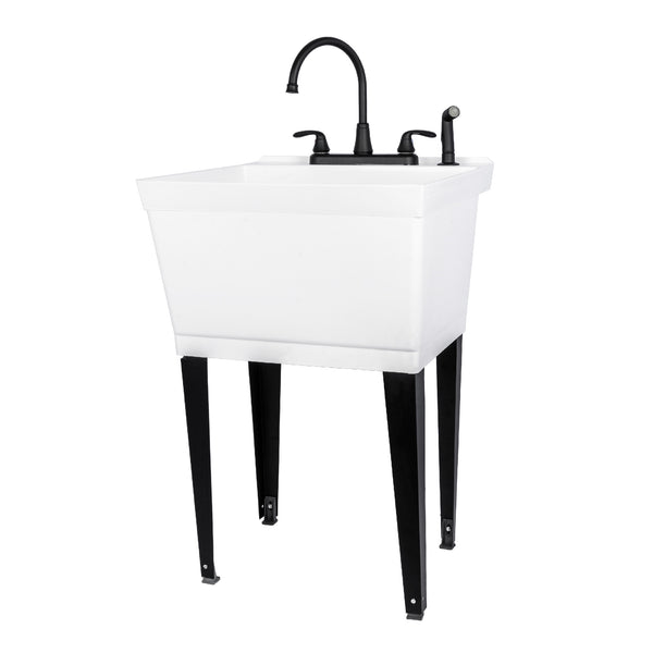 Tehila Standard Freestanding White Utility Sink with Black Legs and Black  Finish Wide-set Gooseneck Faucet with Side Sprayer