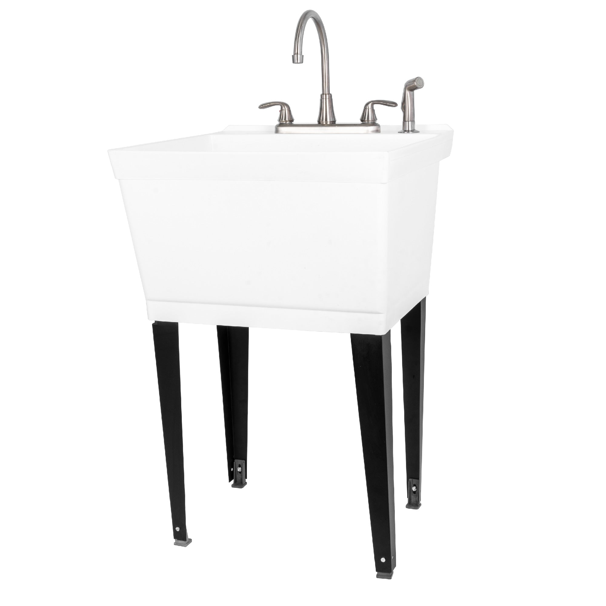 Tehila Standard Freestanding White Utility Sink with Black Legs and  Stainless Steel Finish Wide-set Gooseneck Faucet with Side Sprayer