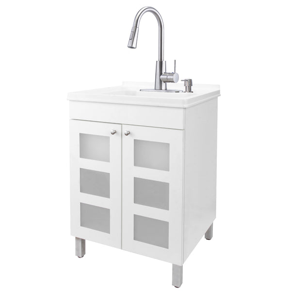 Tehila White Vanity Cabinet and White Utility Sink with Stainless Steel  Finish High-Arc Pull-Down Faucet