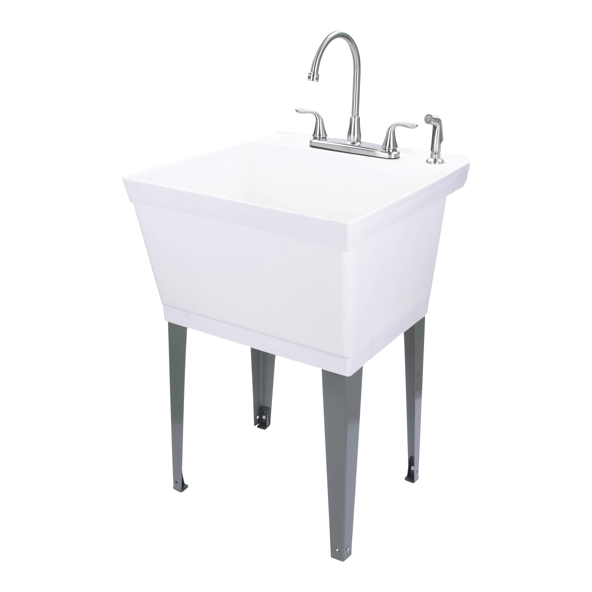 Tehila Standard Freestanding White Utility Sink with Grey Legs and  Stainless Steel Finish Wide-set Gooseneck Faucet with Side Sprayer