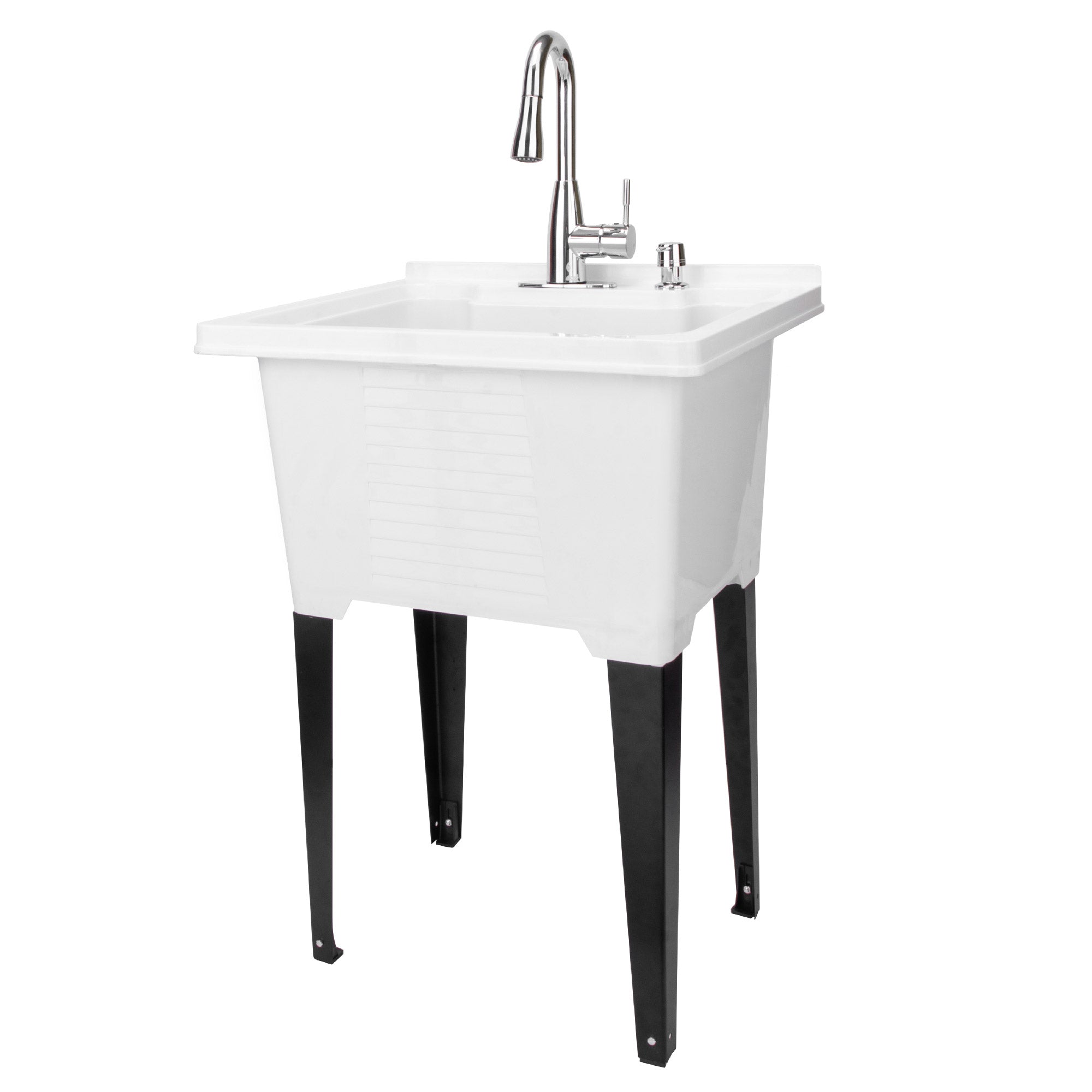 Tehila Luxe Freestanding White Utility Sink with Chrome Finish Low-Profile  Pull-Down Faucet